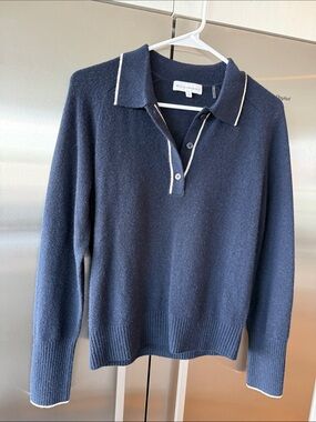 White + Warren Navy Cashmere V-Neck Polo Sweater with White Trim